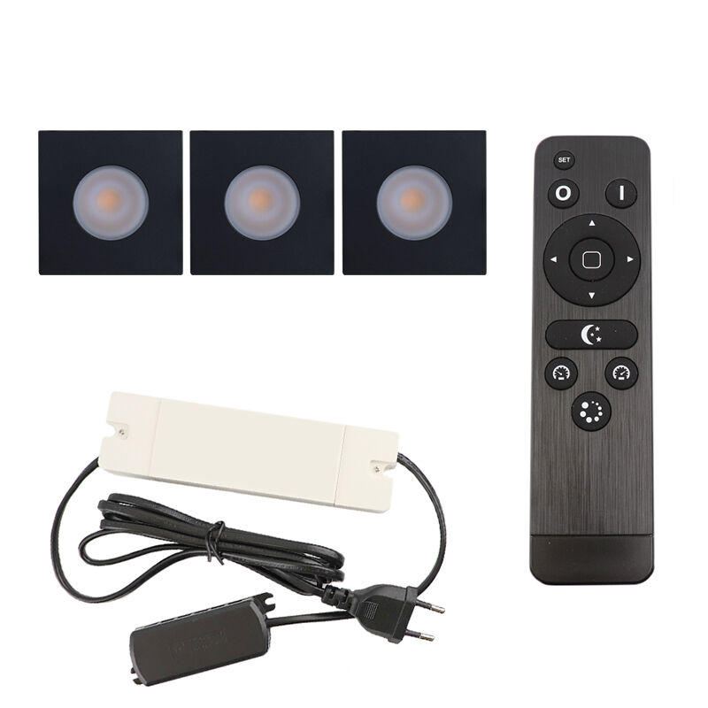 3 spots encastrés veranda carrés noir Dico, IP65, avec kit de connexion et télécommande