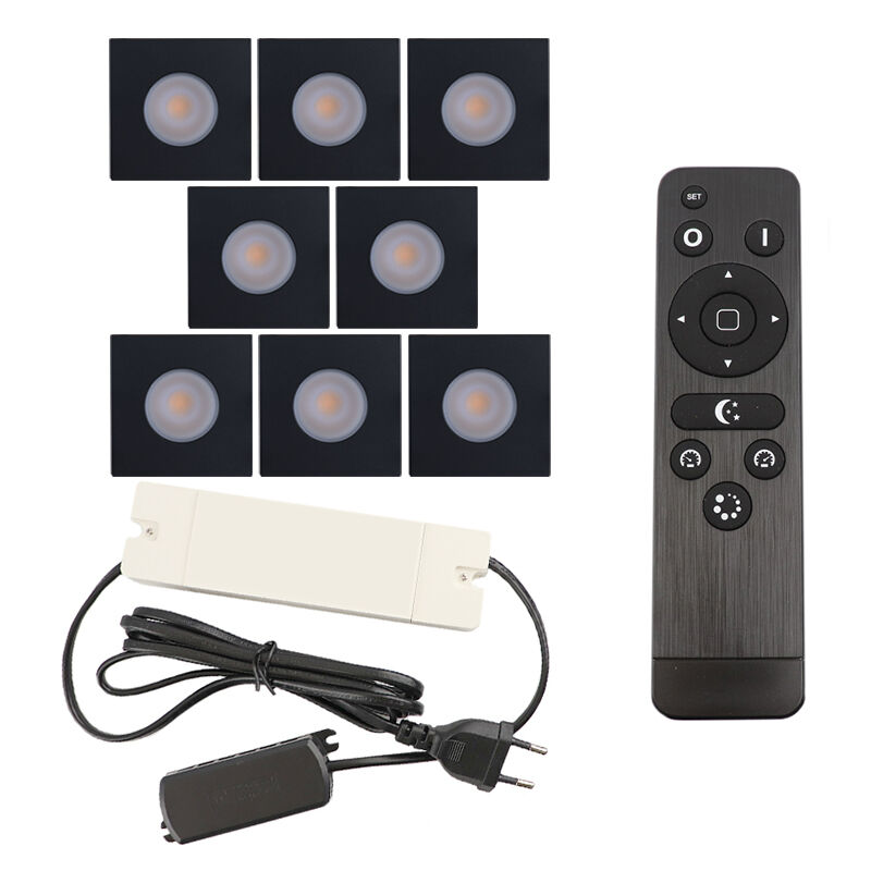 8 spots encastrés veranda carrés noir Dico, IP65, avec kit de connexion et télécommande