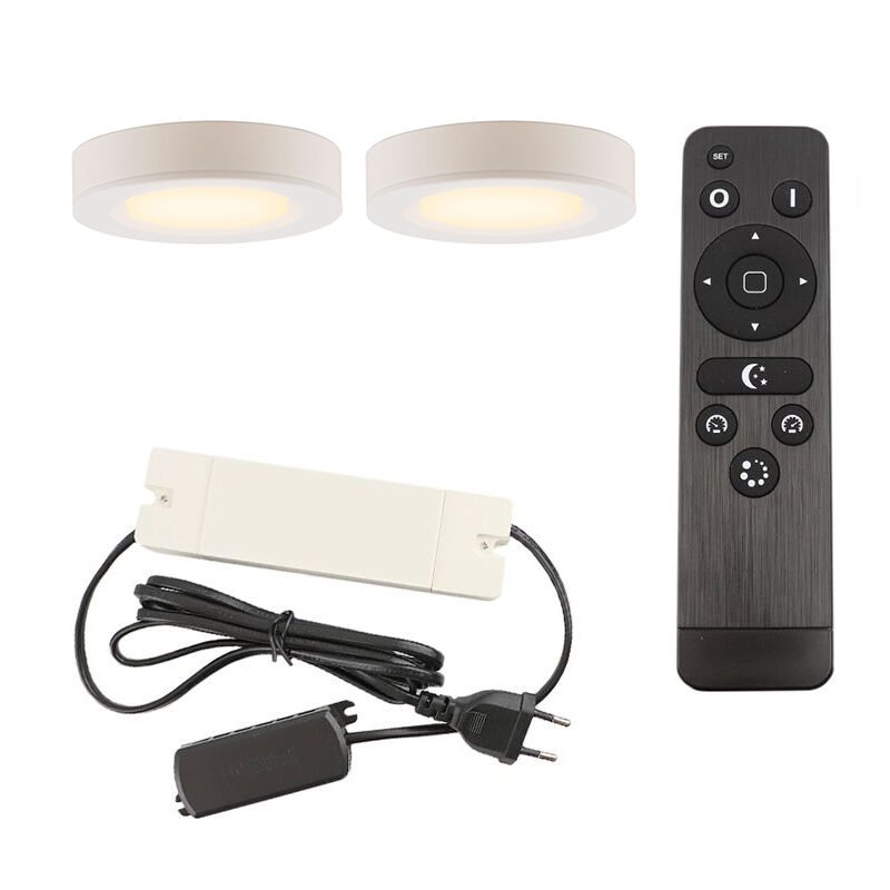 2 lampes rondes sous placard de cuisine, blanc, avec kit de connexion et télécommande