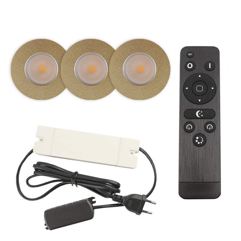 3 spots encastrés veranda de coleur laiton Dico, IP65, avec kit de connexion et télécommande