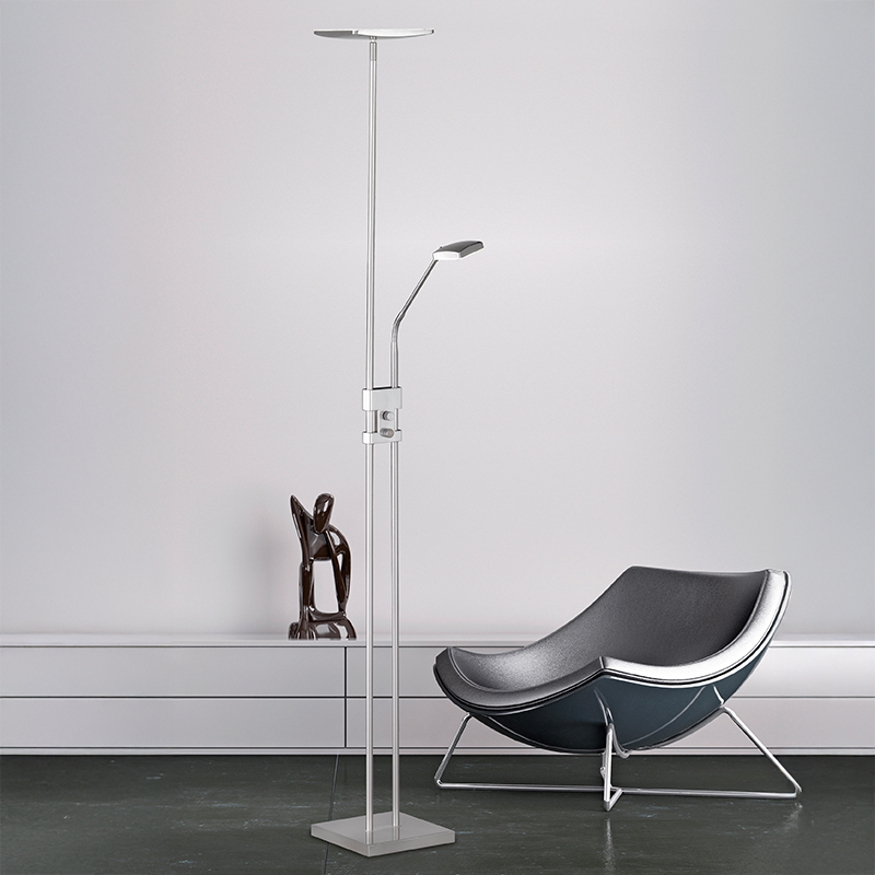 Lampadaire moderne nickel, Simon, 15W, 3000K LED, avec interrupteur