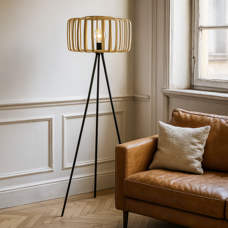 Lampadaire en bambou marron, Tina, avec interrupteur Lampadaire en bambou marron, Tina, avec interrupteur