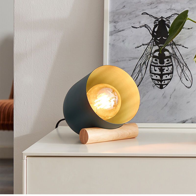 Lampe de table en bois bleue, Riaz, avec interrupteur