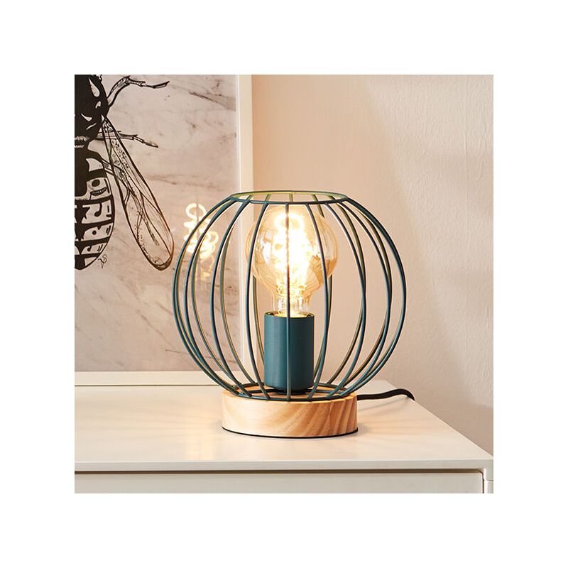 Lampe de table en bois bleue, Donato, avec interrupteur Lampe de table en bois bleue, Donato, avec interrupteur