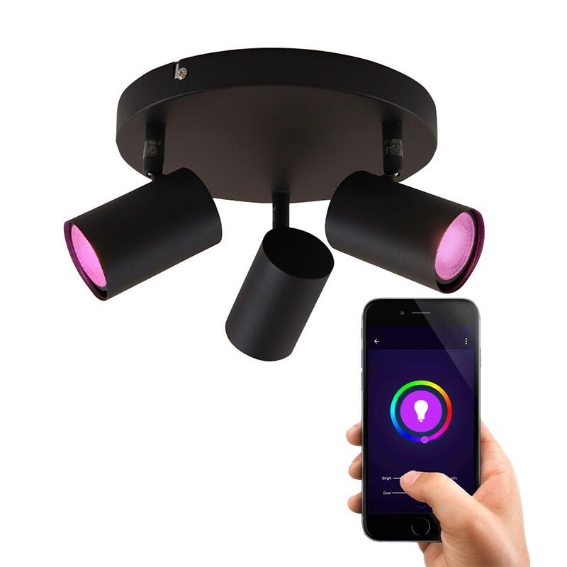 Plafonnier connecté noir moderne, Elena, 13,5W, RGBW Plafonnier connecté noir moderne, Elena, 13,5W, RGBW