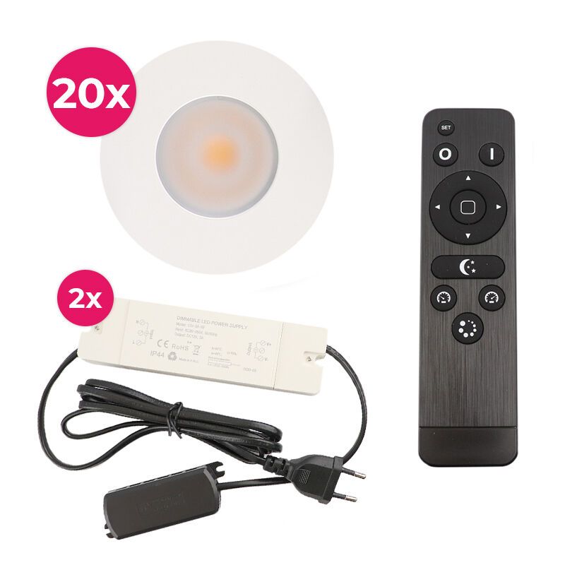 20 spots encastrés veranda blanc Dico, IP65, avec kit de connexion et télécommande