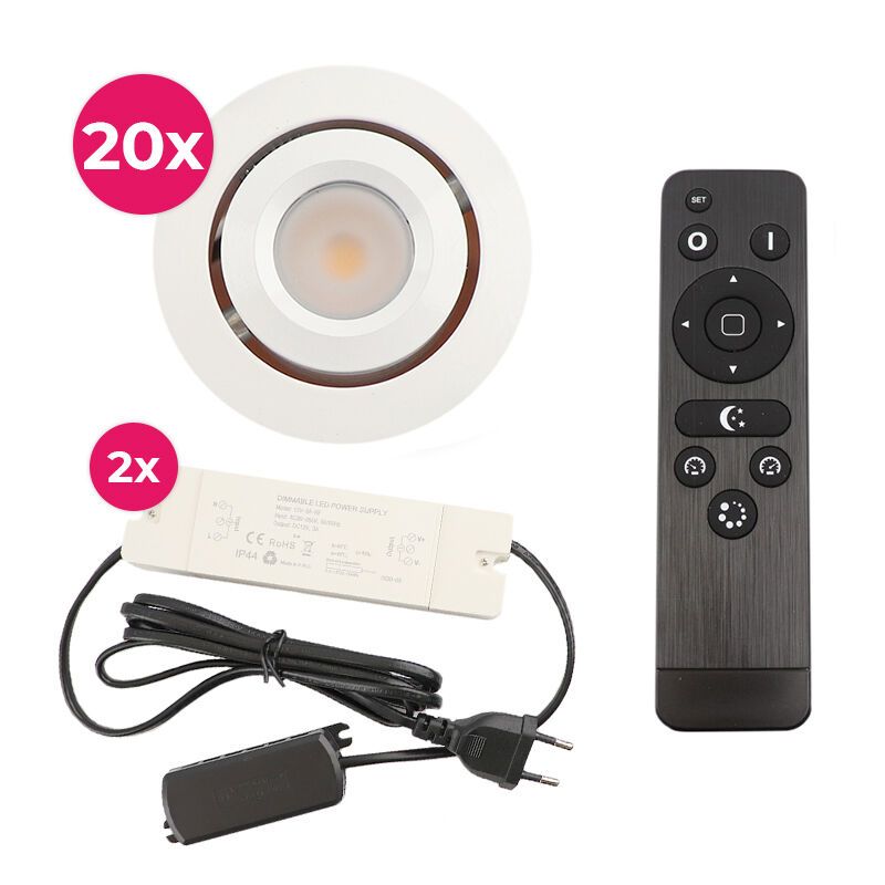 20 spots veranda orientable Rona, IP44, avec kit de connexion et télécommande, blanc