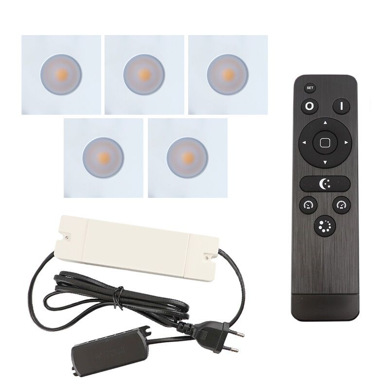 5 spots encastrés veranda carrés blanc Dico, IP65, avec kit de connexion et télécommande