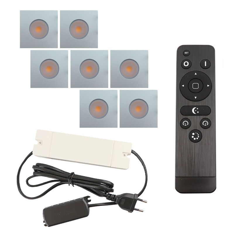 7 spots encastrés veranda carrés chromé Dico, IP65, avec kit de connexion et télécommande