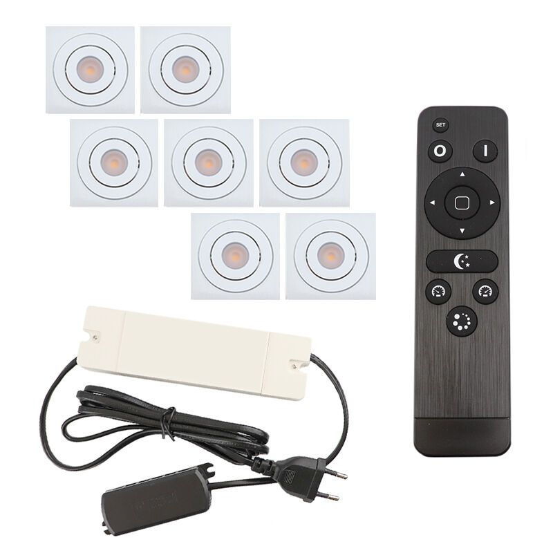 7 spots veranda orientable Rona carré, IP44, avec kit de connexion et télécommande, blanc