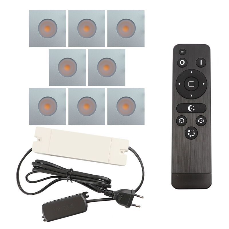 8 spots encastrés veranda carrés chromé Dico, IP65, avec kit de connexion et télécommande