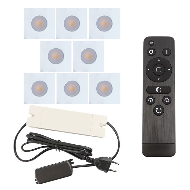 8 spots encastrés veranda carrés blanc Dico, IP65, avec kit de connexion et télécommande