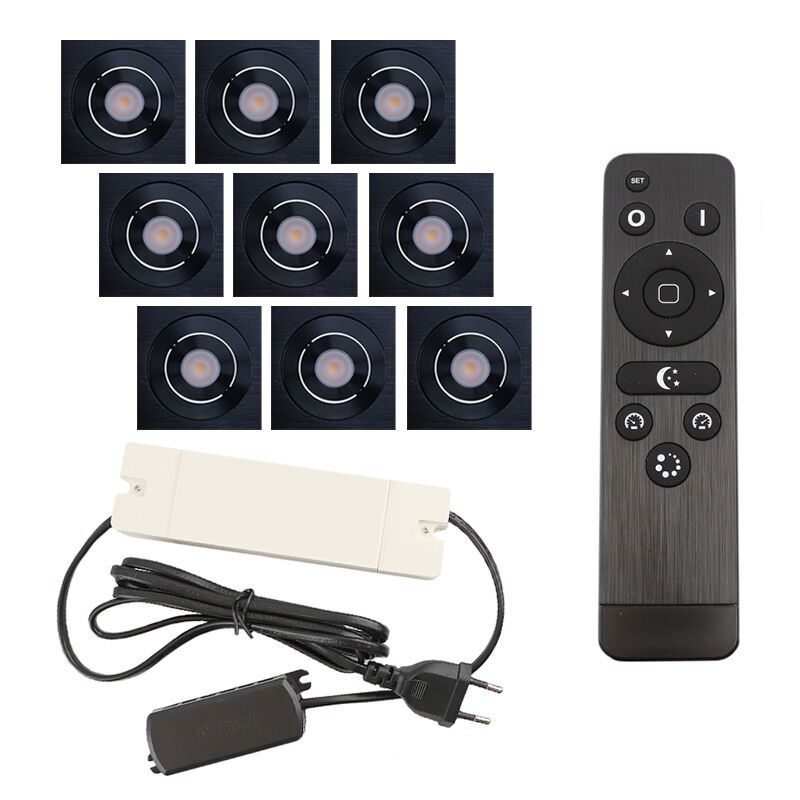 9 spots veranda orientable Rona carré, IP44, avec kit de connexion et télécommande, noir 9 spots veranda orientable Rona carré, IP44, avec kit de connexion et télécommande, noir