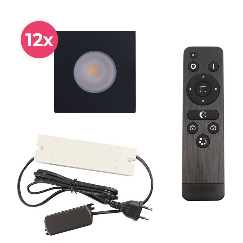 12 spots encastrés veranda carrés noir Dico, IP65, avec kit de connexion et télécommande