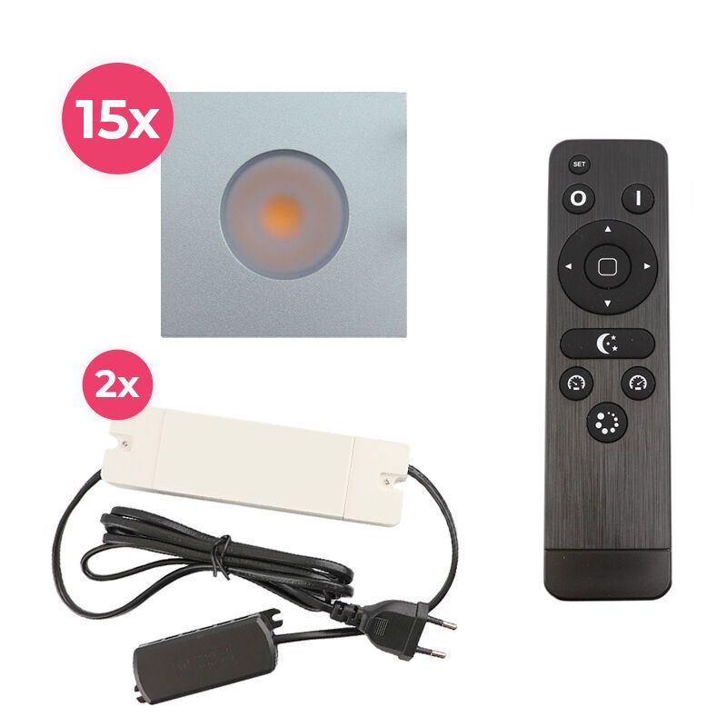 15 spots encastrés veranda carrés chromé Dico, IP65, avec kit de connexion et télécommande 15 spots encastrés veranda carrés chromé Dico, IP65, avec kit de connexion et télécommande