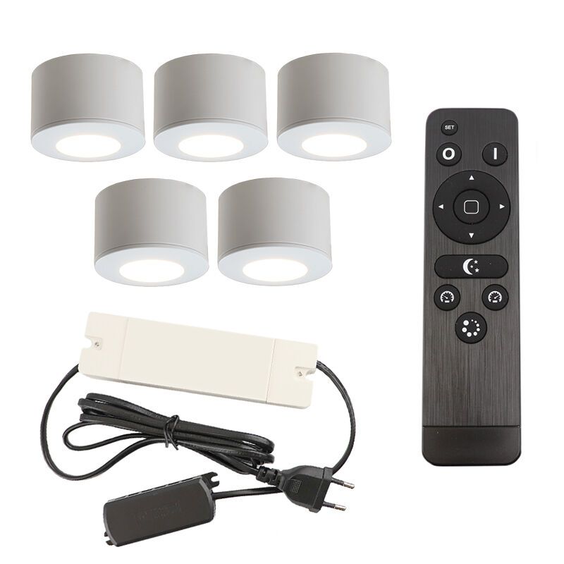 5 spots en saillie veranda ronds blancs Vasso, IP44, avec kit de connexion et télécommande