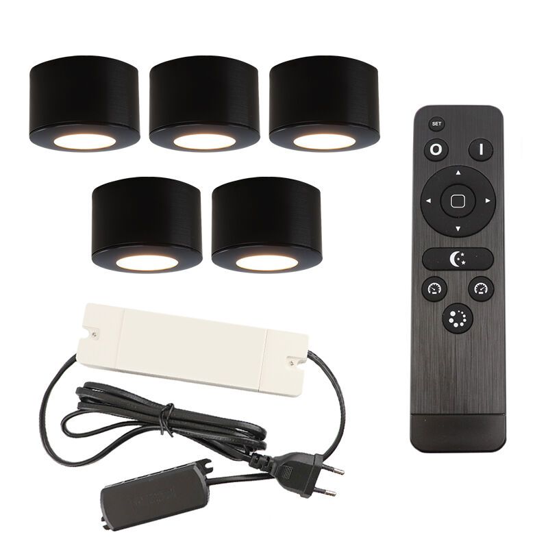 5 spots en saillie veranda ronds noirs Vasso, IP44, avec kit de connexion et télécommande