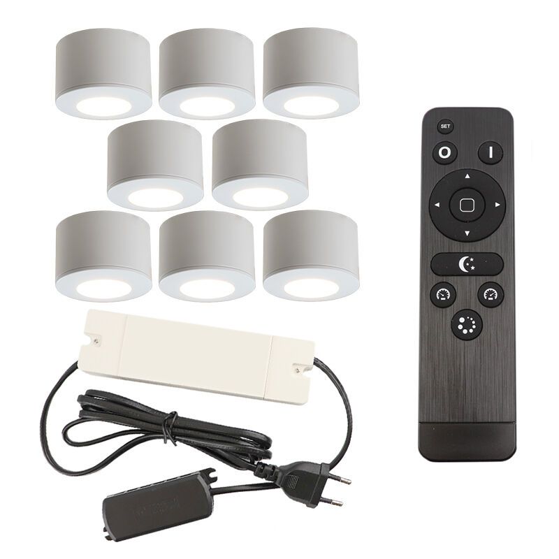8 spots en saillie veranda ronds blancs Vasso, IP44, avec kit de connexion et télécommande 8 spots en saillie veranda ronds blancs Vasso, IP44, avec kit de connexion et télécommande