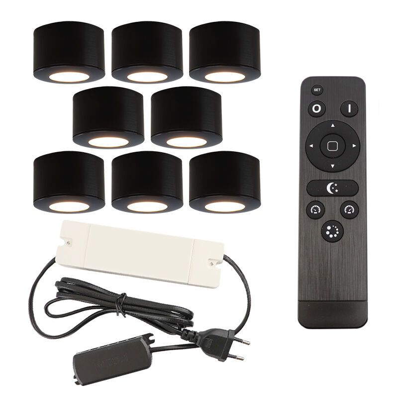 8 spots en saillie veranda ronds noirs Vasso, IP44, avec kit de connexion et télécommande 8 spots en saillie veranda ronds noirs Vasso, IP44, avec kit de connexion et télécommande