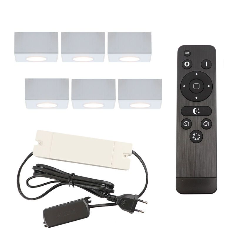 6 spots en saillie veranda carrés blancs Fredo, IP44, avec kit de connexion et télécommande