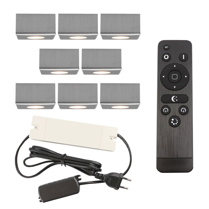 8 spots en saillie veranda carrés chromés Fredo, IP44, avec kit de connexion et télécommande