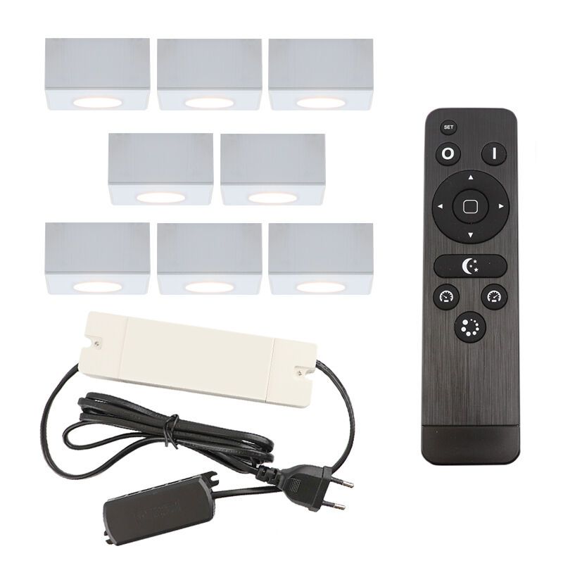 8 spots en saillie veranda carrés blancs Fredo, IP44, avec kit de connexion et télécommande 8 spots en saillie veranda carrés blancs Fredo, IP44, avec kit de connexion et télécommande