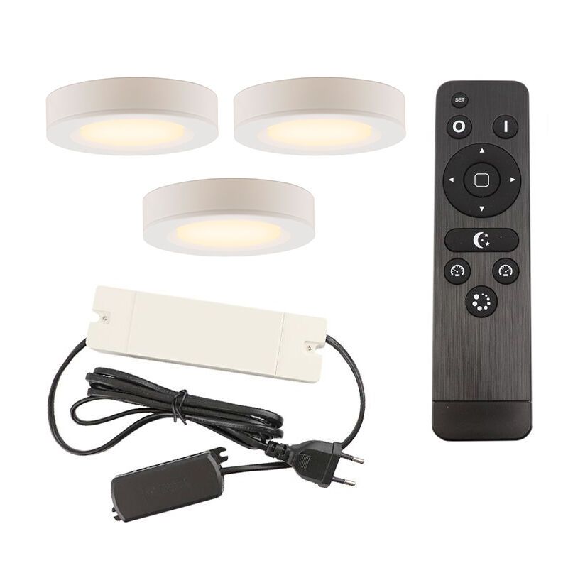 3 lampes rondes sous placard de cuisine, blanc, avec kit de connexion et télécommande 3 lampes rondes sous placard de cuisine, blanc, avec kit de connexion et télécommande