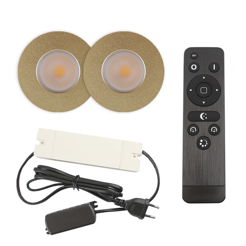 2 spots encastrés veranda de coleur laiton Dico, IP65, avec kit de connexion et télécommande