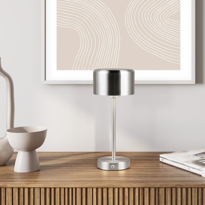 Lampe de table rechargeable moderne nickel, Dustin, 1W, 3000K LED, avec variateur tactile Lampe de table rechargeable moderne nickel, Dustin, 1W, 3000K LED, avec variateur tactile