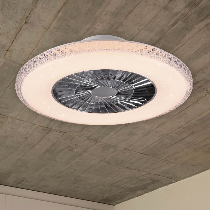 Ventilateur de plafond design chromé, Damon, 40W, blanc chaud à froid réglable LED, avec télécommande