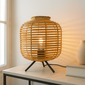 Lampe de table en rotin marronne, Pinar, avec interrupteur