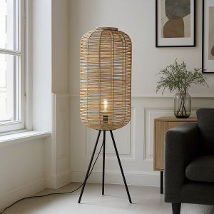 Lampadaire en rotin marron, Pinar, avec interrupteur