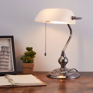 Lampe de banquier nickel en acier, Lugco, avec interrupteur à tirette