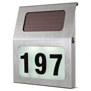 Numéro de maison lumineux argenté en acier inoxydable, Zora, 1W, 3000K LED, IP44, avec interrupteur