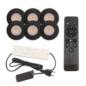 6 spots encastrés veranda noir Dico, IP65, avec kit de connexion et télécommande