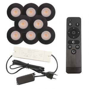 8 spots encastrés veranda noir Dico, IP65, avec kit de connexion et télécommande