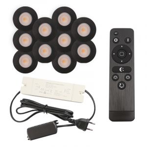 10 spots encastrés veranda noir Dico, IP65, avec kit de connexion et télécommande