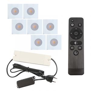 7 spots encastrés veranda carrés blanc Dico, IP65, avec kit de connexion et télécommande