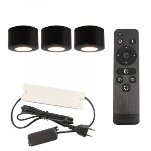 3 spots en saillie veranda ronds noirs Vasso, IP44, avec kit de connexion et télécommande