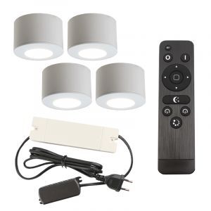 4 spots en saillie veranda ronds blancs Vasso, IP44, avec kit de connexion et télécommande