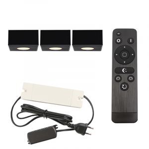 3 spots en saillie veranda carrés noirs Fredo, IP44, avec kit de connexion et télécommande