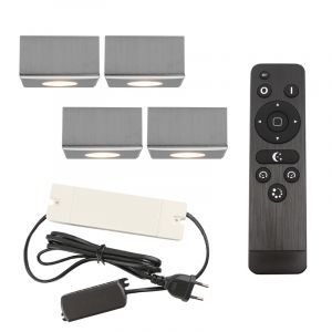 4 spots en saillie veranda carrés chromés Fredo, IP44, avec kit de connexion et télécommande