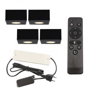 4 spots en saillie veranda carrés noirs Fredo, IP44, avec kit de connexion et télécommande