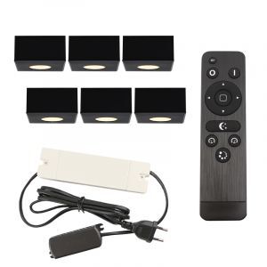 6 spots en saillie veranda carrés noirs Fredo, IP44, avec kit de connexion et télécommande