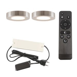 2 lampes rondes sous placard de cuisine, argent, avec kit de connexion et télécommande