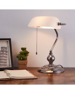 Lampe de banquier nickel en acier, Lugco, avec interrupteur à tirette