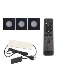 3 spots encastrés veranda carrés noir Dico, IP65, avec kit de connexion et télécommande