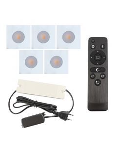 5 spots encastrés veranda carrés blanc Dico, IP65, avec kit de connexion et télécommande
