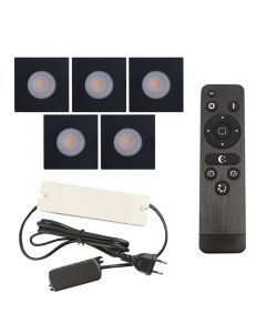5 spots encastrés veranda carrés noir Dico, IP65, avec kit de connexion et télécommande