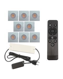 8 spots encastrés veranda carrés chromé Dico, IP65, avec kit de connexion et télécommande